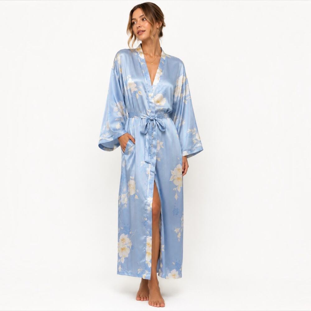 Vintage Y2K Oscar de la Renta Pink Label Blue Floral Satin Wrap Robe XL